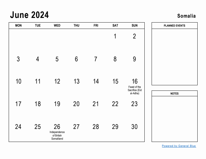 June 2024 Printable Monthly Calendar with Somalia Holidays