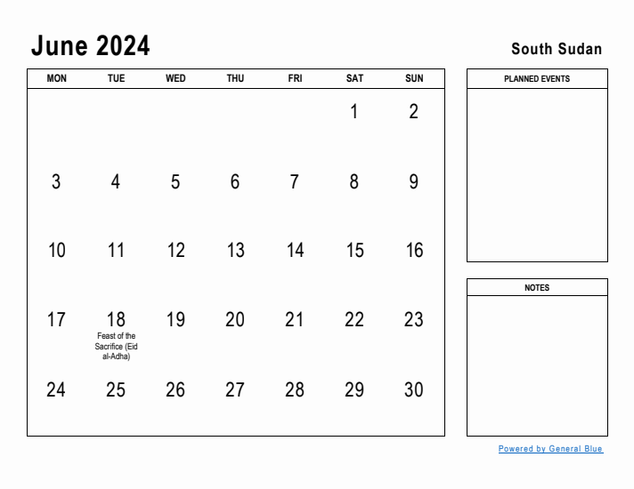 June 2024 Printable Monthly Calendar with South Sudan Holidays