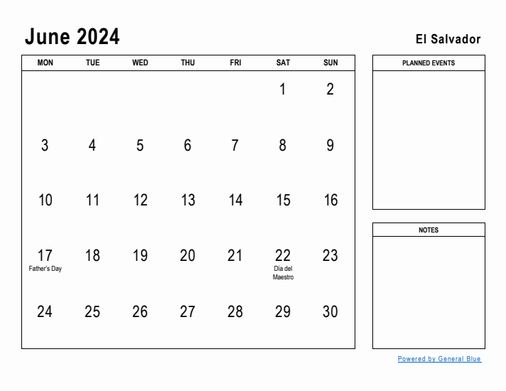 June 2024 Printable Monthly Calendar with El Salvador Holidays