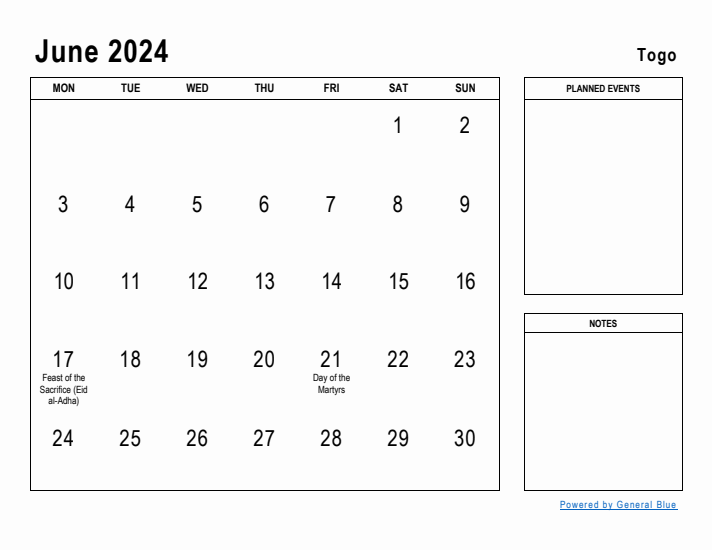 June 2024 Printable Monthly Calendar with Togo Holidays