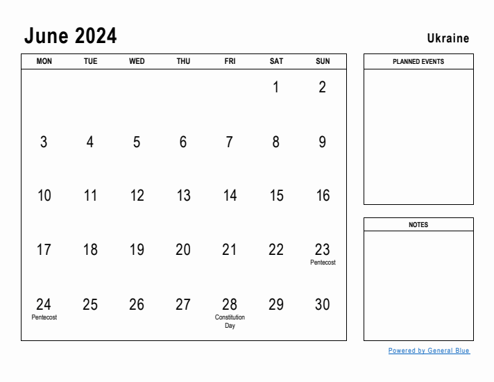 June 2024 Printable Monthly Calendar with Ukraine Holidays