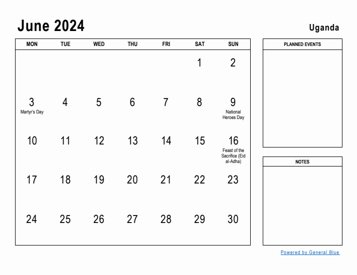 June 2024 Printable Monthly Calendar with Uganda Holidays