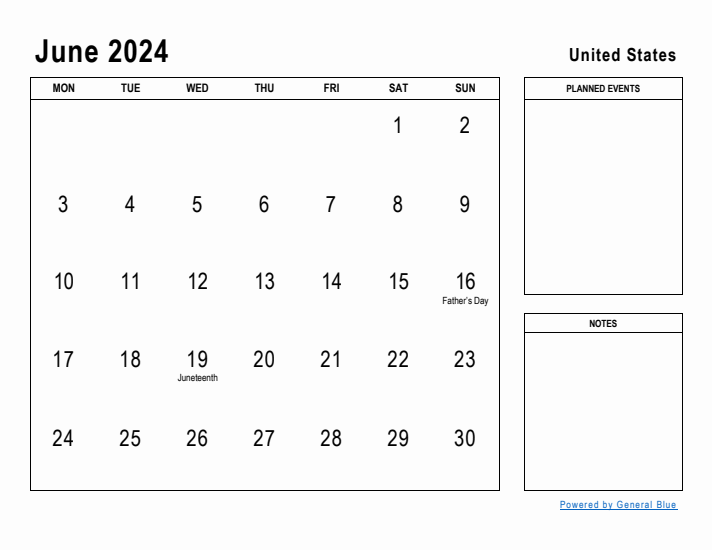 June 2024 Printable Monthly Calendar with United States Holidays