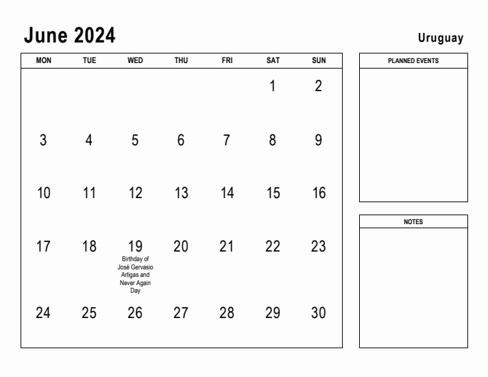 June 2024 Printable Monthly Calendar with Uruguay Holidays