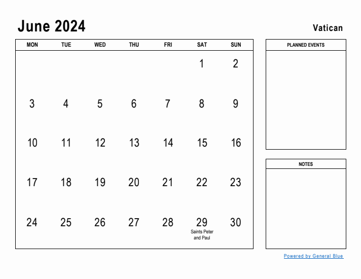 June 2024 Printable Monthly Calendar with Vatican Holidays