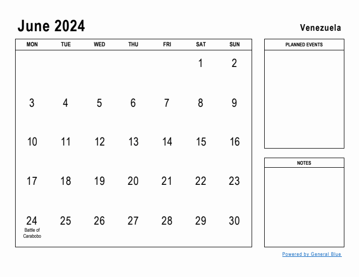 June 2024 Printable Monthly Calendar with Venezuela Holidays