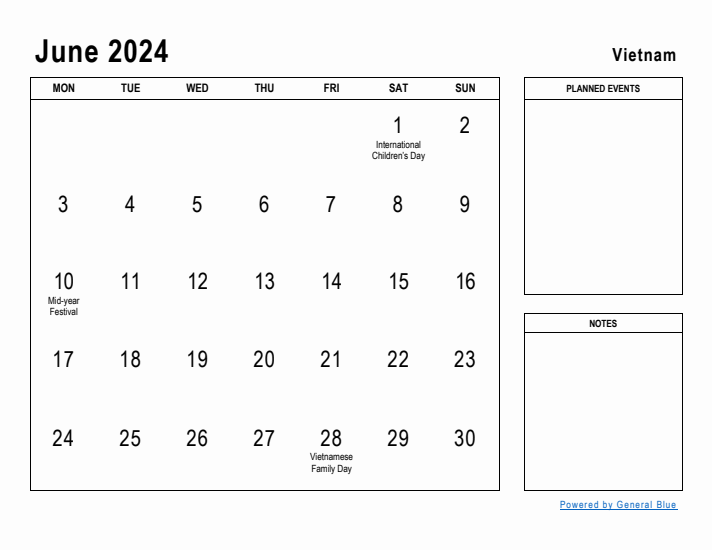 June 2024 Printable Monthly Calendar with Vietnam Holidays