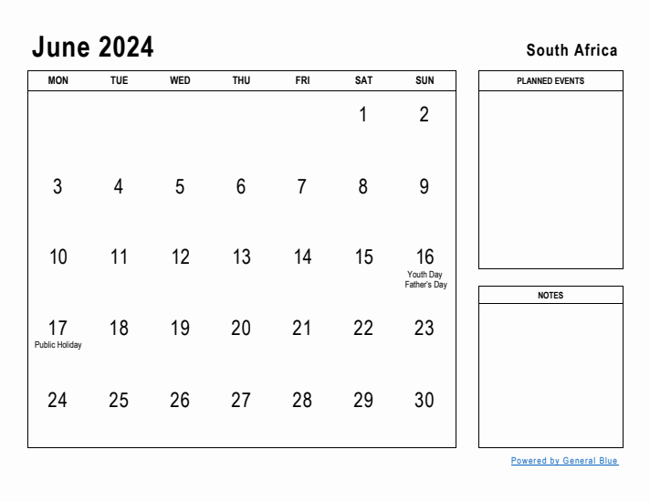 June 2024 Printable Monthly Calendar with South Africa Holidays