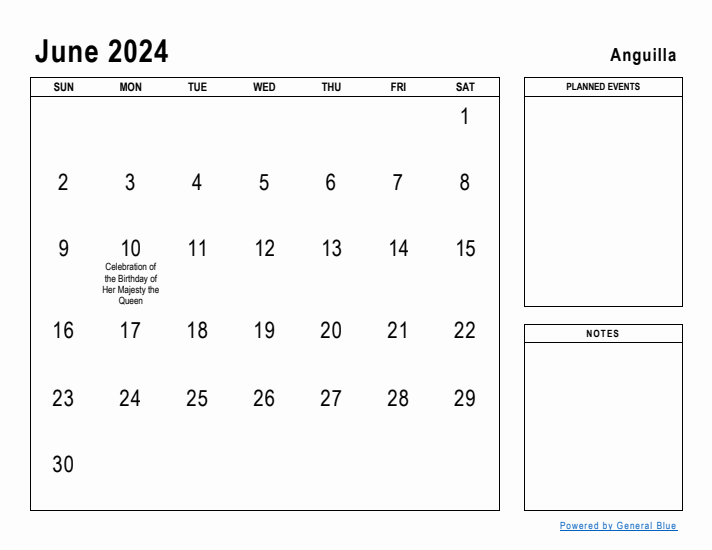 June 2024 Printable Monthly Calendar with Anguilla Holidays