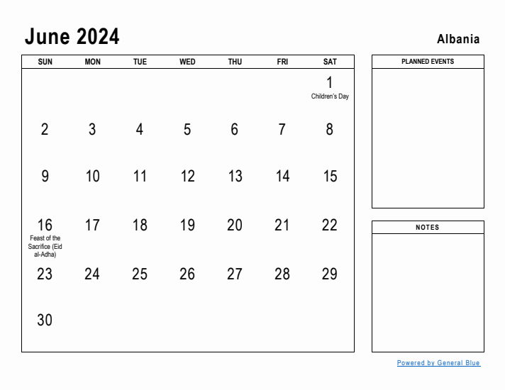 June 2024 Printable Monthly Calendar with Albania Holidays