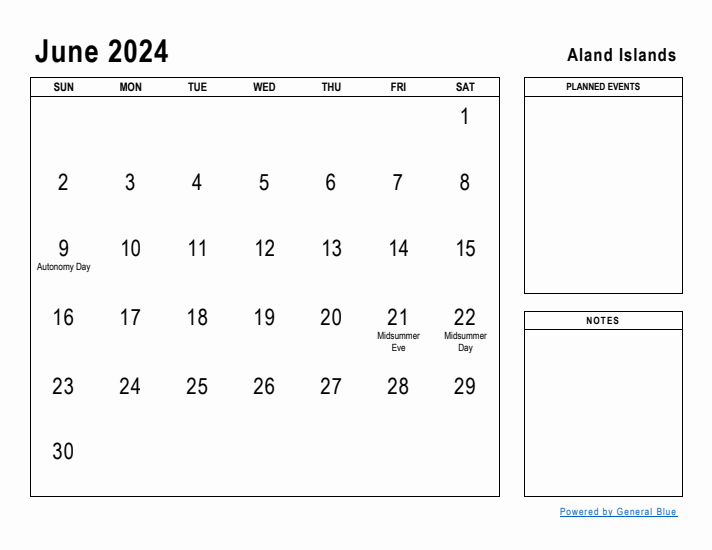 June 2024 Printable Monthly Calendar with Aland Islands Holidays