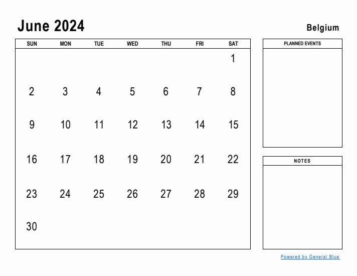 June 2024 Printable Monthly Calendar with Belgium Holidays