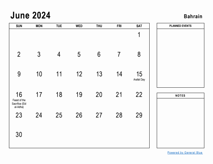 June 2024 Printable Monthly Calendar with Bahrain Holidays