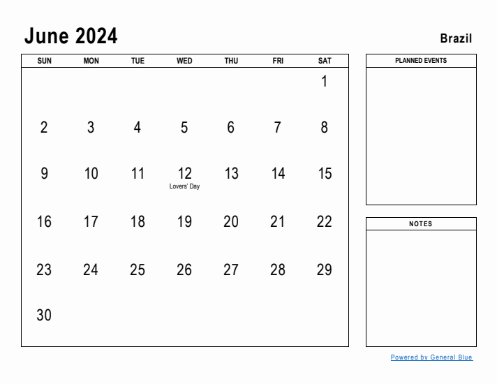 June 2024 Printable Monthly Calendar with Brazil Holidays