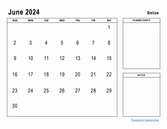 June 2024 Printable Monthly Calendar with Belize Holidays