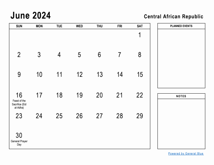 June 2024 Printable Monthly Calendar with Central African Republic Holidays