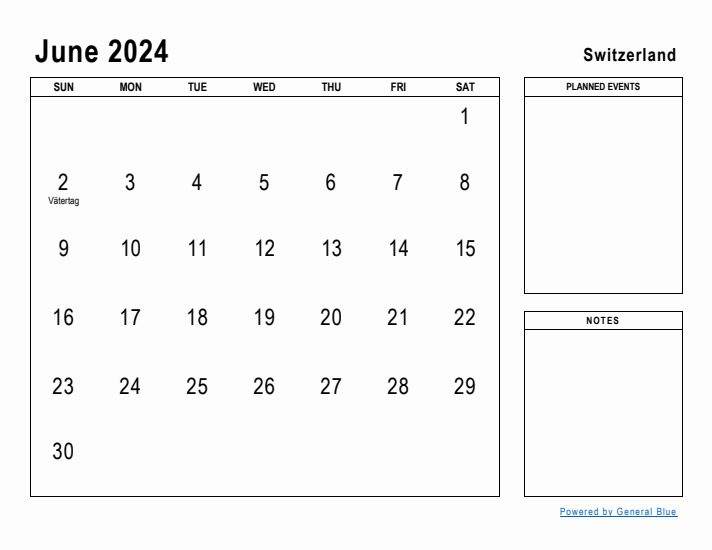 June 2024 Printable Monthly Calendar with Switzerland Holidays