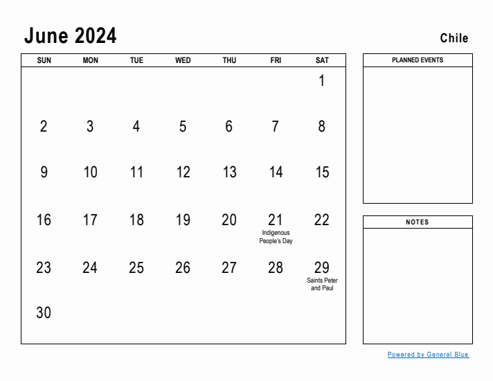 June 2024 Printable Monthly Calendar with Chile Holidays