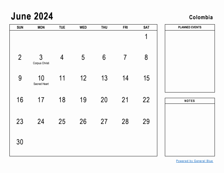 June 2024 Printable Monthly Calendar with Colombia Holidays