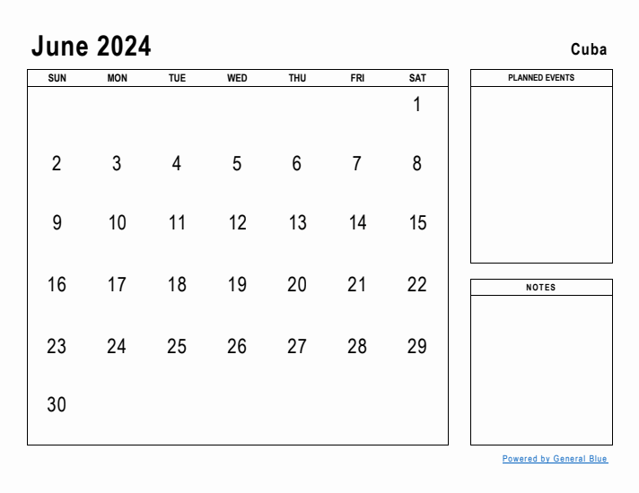 June 2024 Printable Monthly Calendar with Cuba Holidays