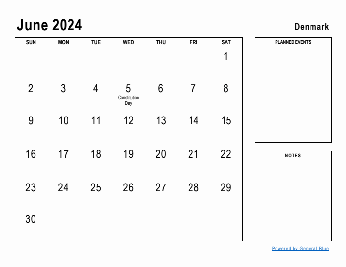 June 2024 Printable Monthly Calendar with Denmark Holidays