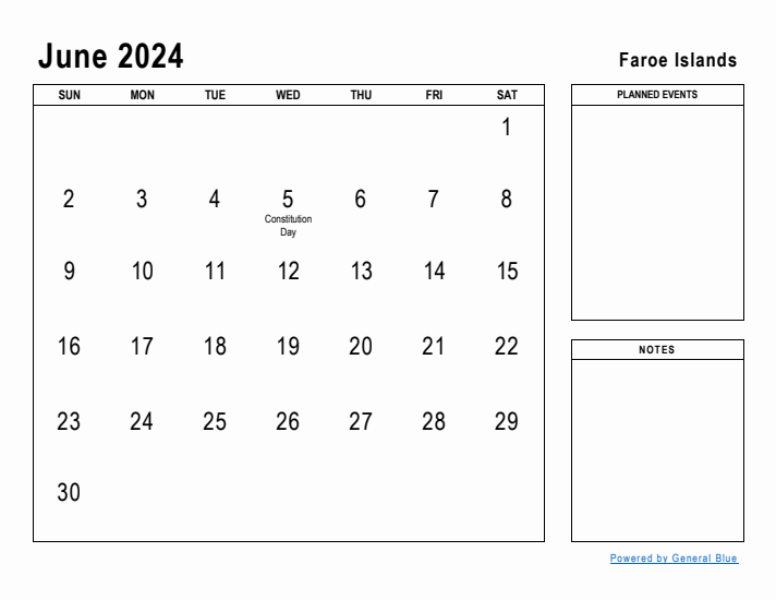 June 2024 Printable Monthly Calendar with Faroe Islands Holidays