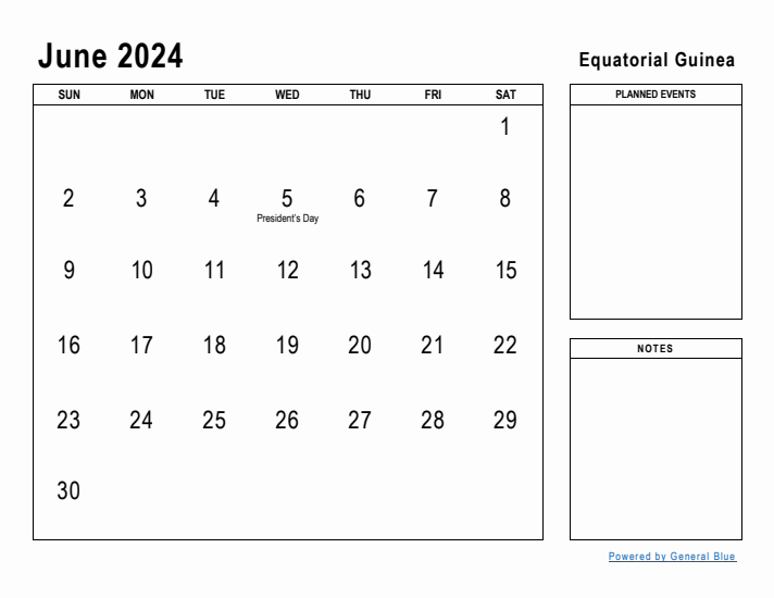 June 2024 Printable Monthly Calendar with Equatorial Guinea Holidays