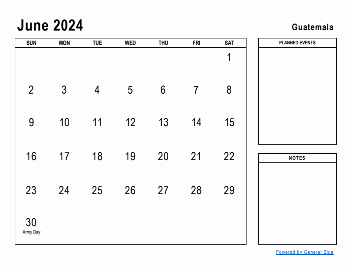 June 2024 Printable Monthly Calendar with Guatemala Holidays