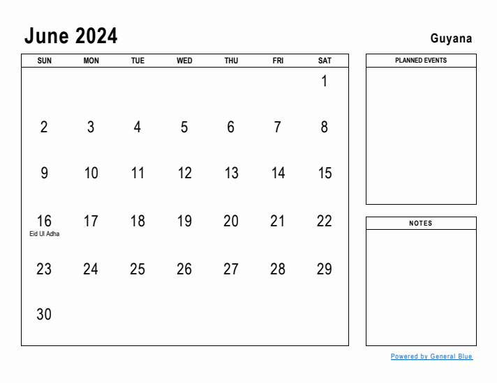 June 2024 Printable Monthly Calendar with Guyana Holidays