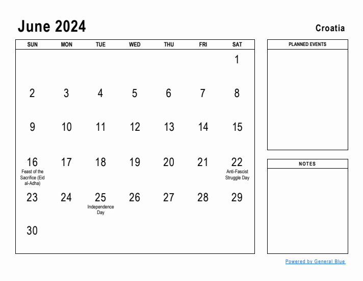 June 2024 Printable Monthly Calendar with Croatia Holidays