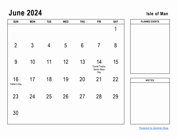 June 2024 Printable Monthly Calendar with Isle of Man Holidays