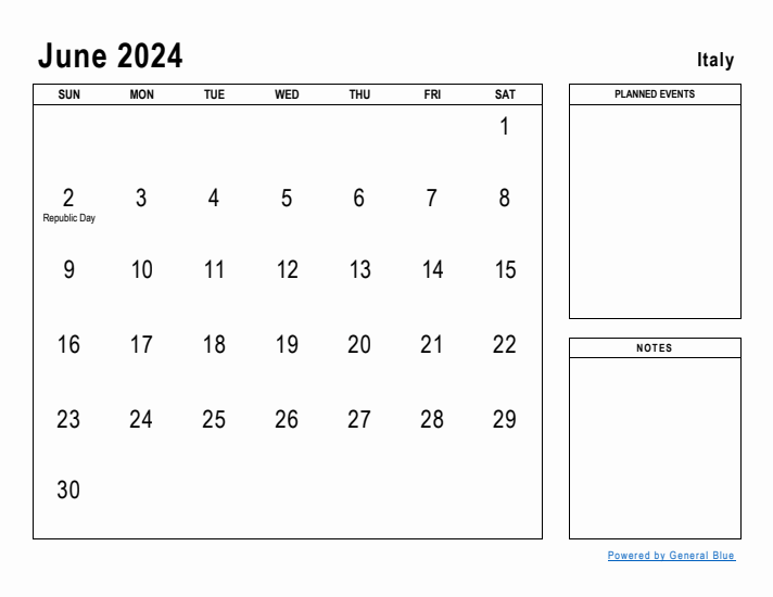 June 2024 Printable Monthly Calendar with Italy Holidays