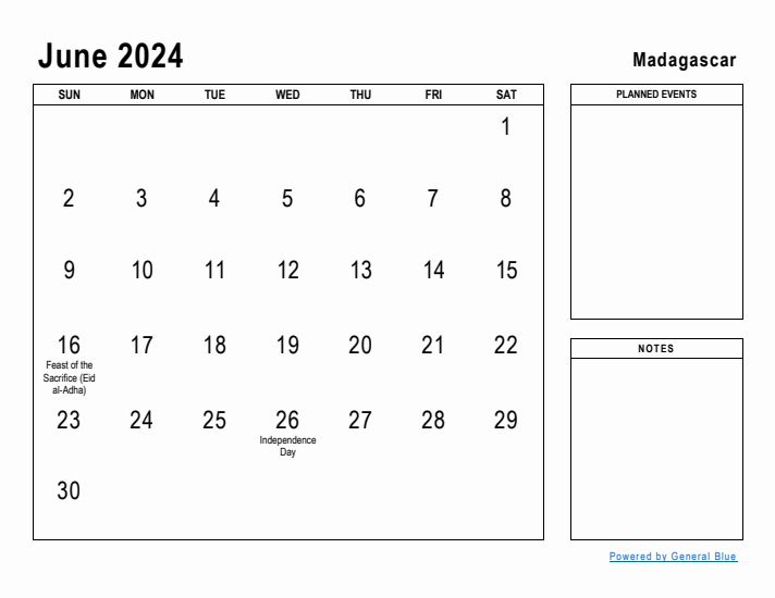 June 2024 Printable Monthly Calendar with Madagascar Holidays