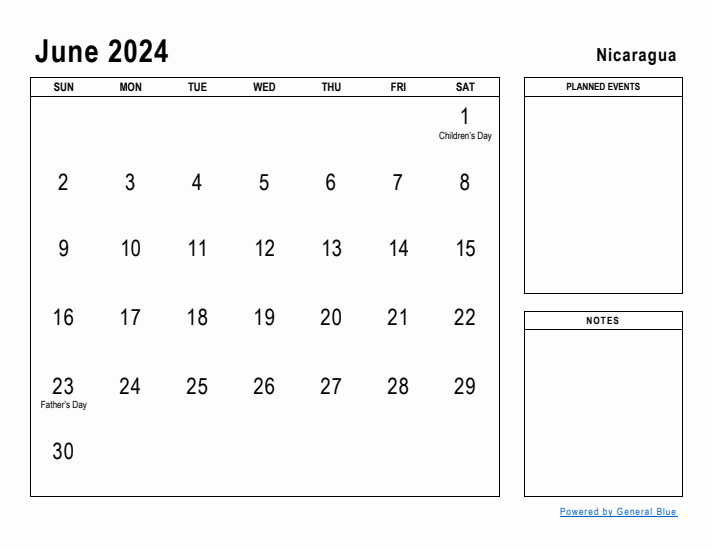 June 2024 Printable Monthly Calendar with Nicaragua Holidays