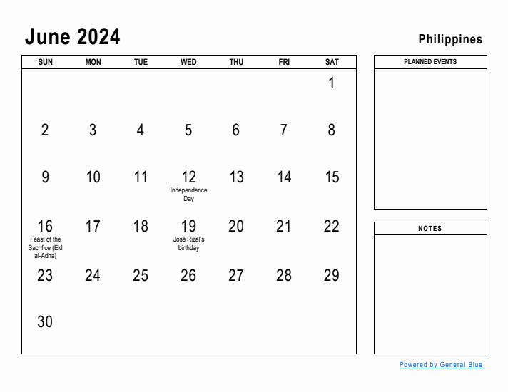 June 2024 Printable Monthly Calendar with Philippines Holidays