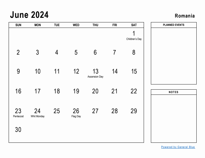 June 2024 Printable Monthly Calendar with Romania Holidays