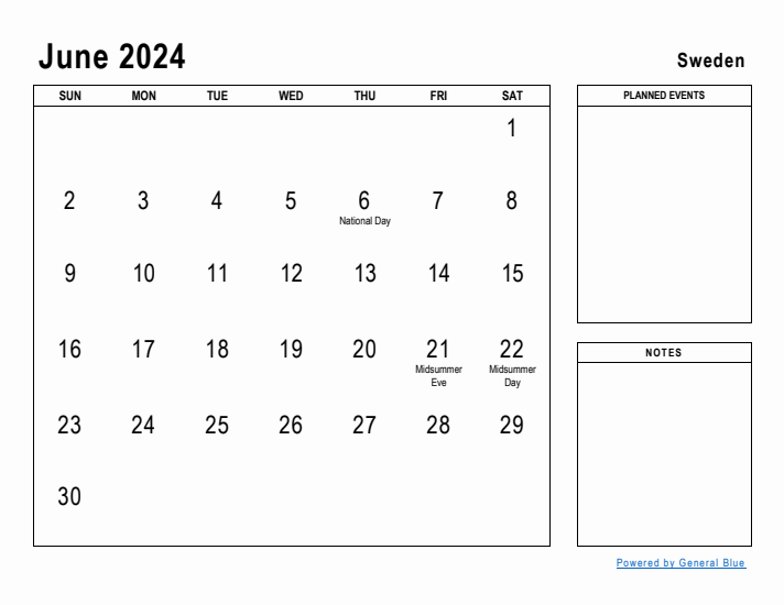 June 2024 Printable Monthly Calendar with Sweden Holidays