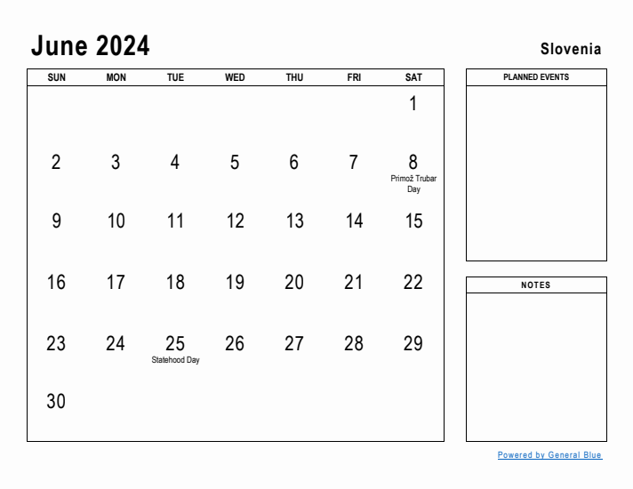 June 2024 Printable Monthly Calendar with Slovenia Holidays