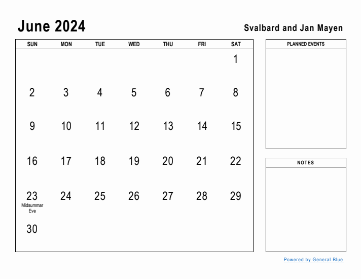 June 2024 Printable Monthly Calendar with Svalbard and Jan Mayen Holidays