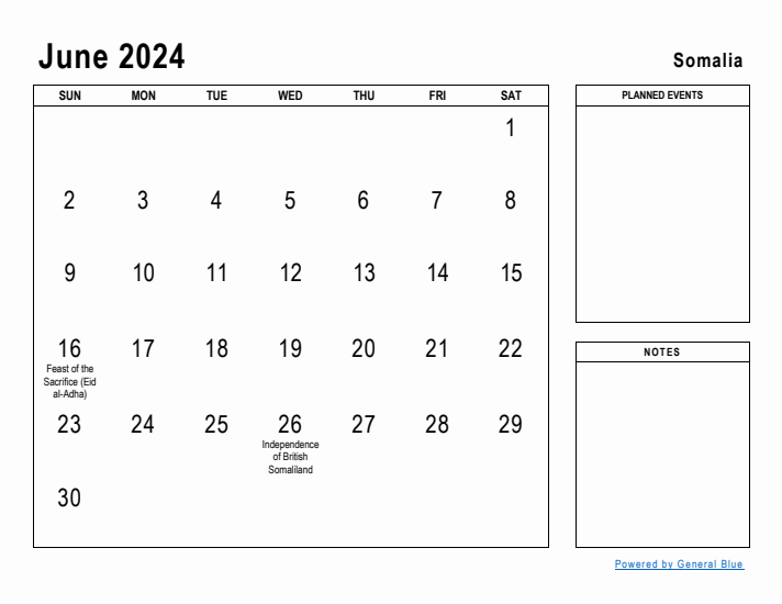 June 2024 Printable Monthly Calendar with Somalia Holidays