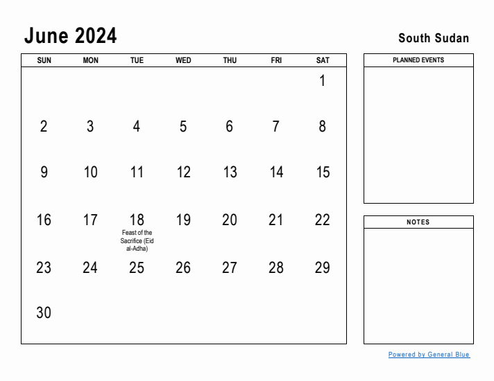 June 2024 Printable Monthly Calendar with South Sudan Holidays