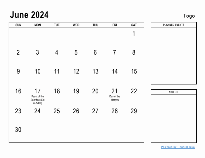 June 2024 Printable Monthly Calendar with Togo Holidays