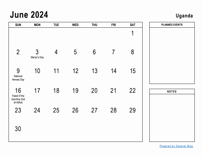 June 2024 Printable Monthly Calendar with Uganda Holidays