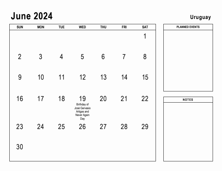 June 2024 Printable Monthly Calendar with Uruguay Holidays