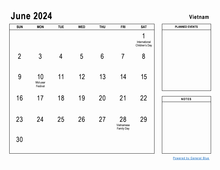 June 2024 Printable Monthly Calendar with Vietnam Holidays