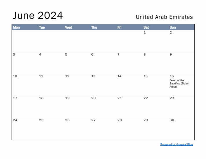 June 2024 Simple Monthly Calendar for United Arab Emirates