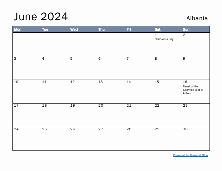 June 2024 Simple Monthly Calendar for Albania