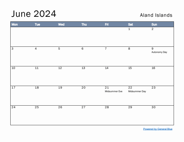 June 2024 Simple Monthly Calendar for Aland Islands