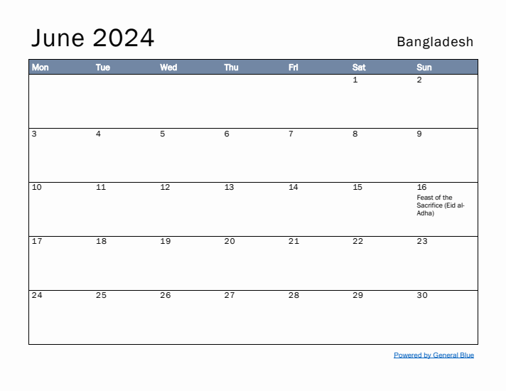 June 2024 Simple Monthly Calendar for Bangladesh