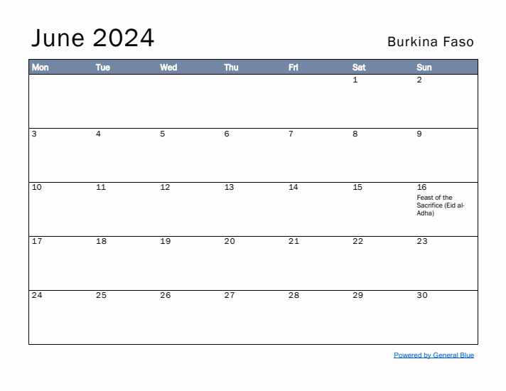 June 2024 Simple Monthly Calendar for Burkina Faso